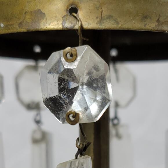 Antique Brass Girandole Candlesticks 11" Gold 8 Clear Hanging Crystals Set of 2 - Picture 14 of 16